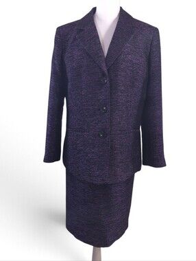 LAFAYETTE 148 Tweed Skirt Suit 2-Piece Set Purple Wool Blend Metallic - Sz 12/10
